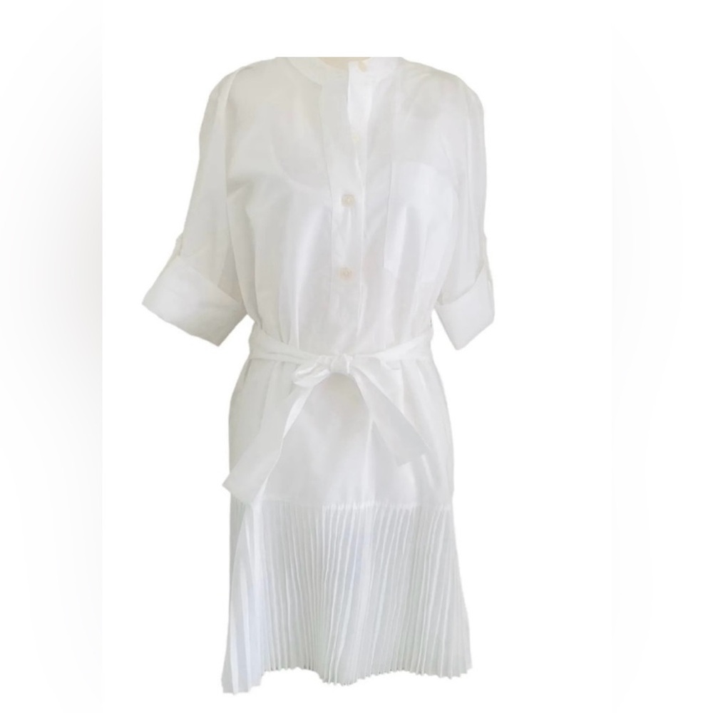 White pleated hem mini dress with tie waist
